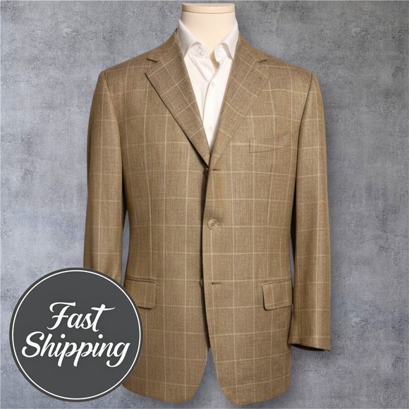 ISAIA NAPOLI Vintage Mens Blazer 48R (US) Sport Coat Jacket Wool/Silk Tan Plaid - Picture 1 of 14